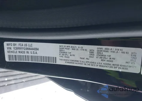 2022 Ram 1500 Big Horn 4X4 5'7 Box z USA, uszkodzony, nr VIN 1C6RRFFG9NN444094